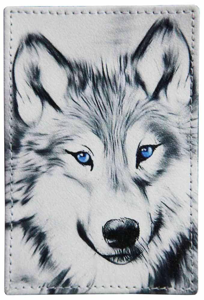 Цена: 123.20 руб. Обложка для проездного билета из натуральной кожи, цветной рисунок по коже "Северный волк"