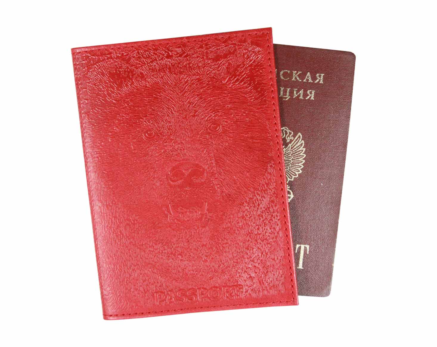Цена: 126.00 руб. Обложка для паспорта из натуральной кожи, красный, сплошное блинтовое тиснение по коже "Медведь 3D"