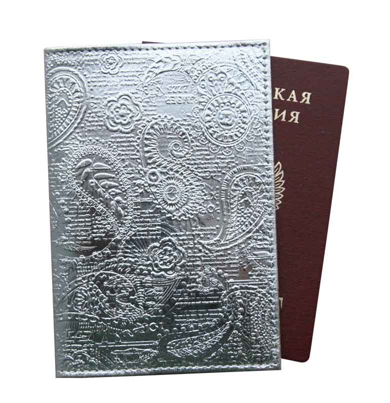 Цена: 135.10 руб. Обложка для паспорта из натуральной кожи, серебряный, сплошное тиснение фольгой "металлик" по коже "Индийский орнамент"