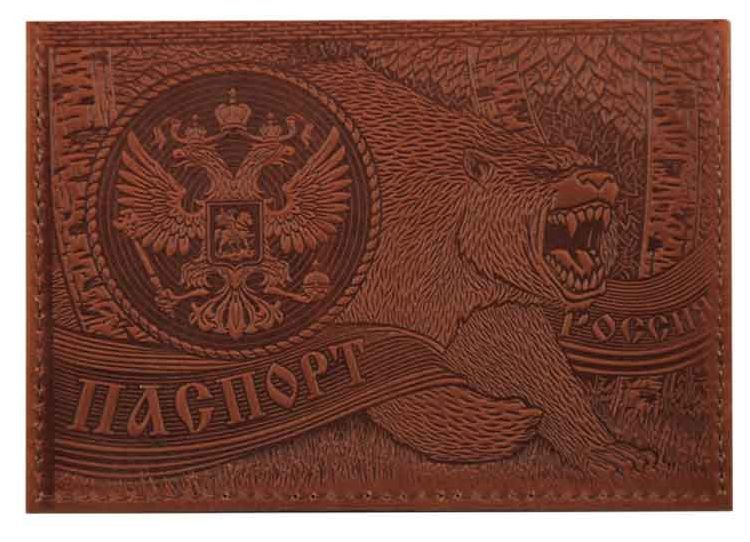 Цена: 152.60 руб. Обложка для паспорта из натуральной кожи, коричневый, тисн.блинтовое"Медведь"