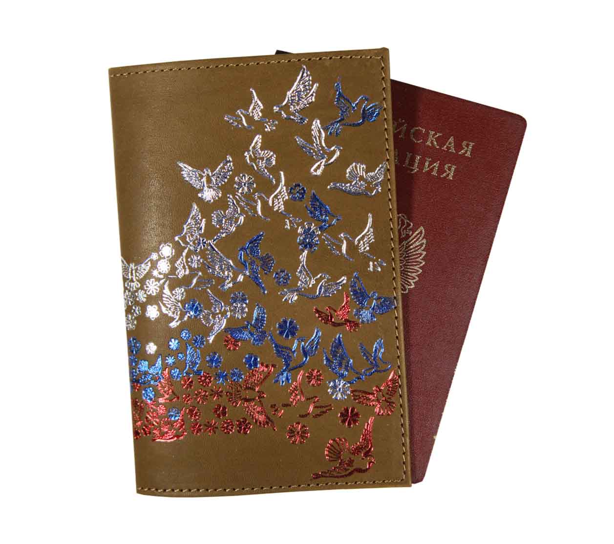 Цена: 144.20 руб. Обложка для паспорта из натуральной кожи, оливковый, тиснение тремя цветами "Летящий Флаг"