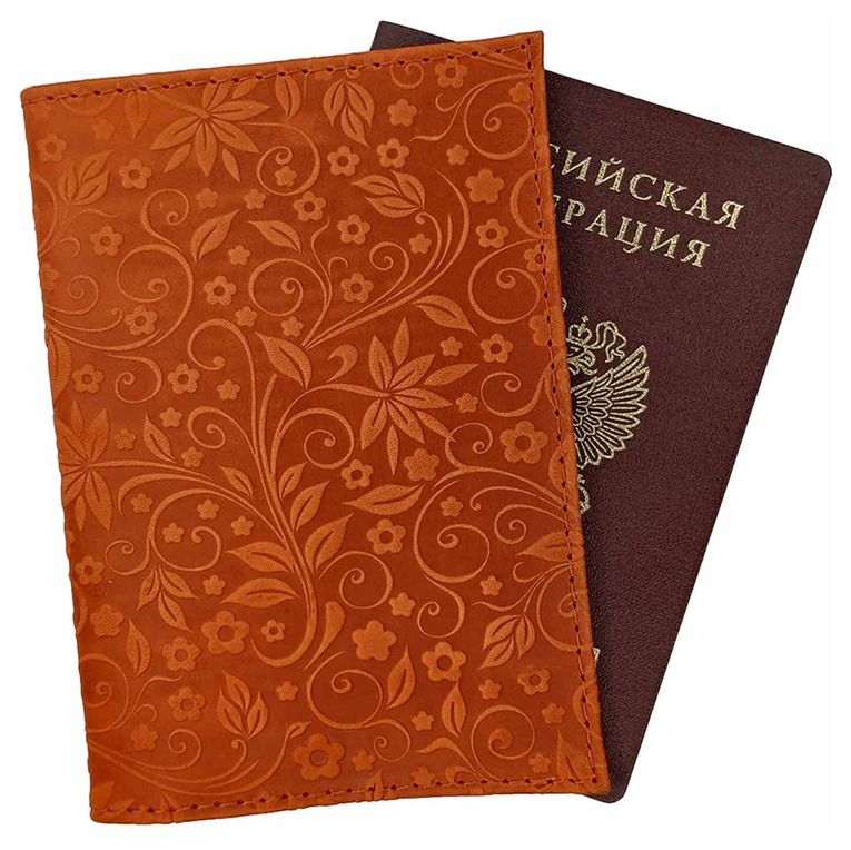 Цена: 152.60 руб. Обложка для паспорта из натуральной кожи, рыжий, сплошное тиснение по коже "Флаверс"