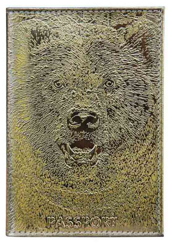 Цена: 135.10 руб. Обложка для паспорта из натуральной кожи, золотой, сплошное тиснение фольгой "металлик" по коже "Медведь 3D"