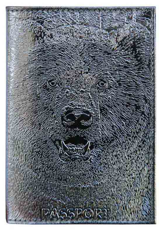 Цена: 135.10 руб. Обложка для паспорта из натуральной кожи, серебряный, сплошное тиснение фольгой "металлик" по коже "Медведь 3D"