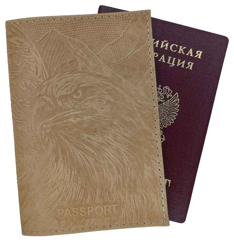 Цена: 152.60 руб. Обложка для паспорта из натуральной кожи, бежевый, сплошное тиснение по коже "Орел"