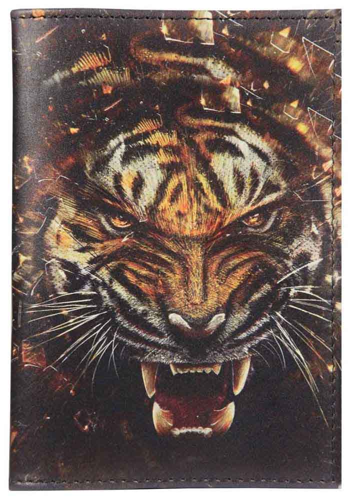 Цена: 252.00 руб. Обложка для паспорта из натуральной кожи, цветной рисунок по коже "Тигриный оскал"