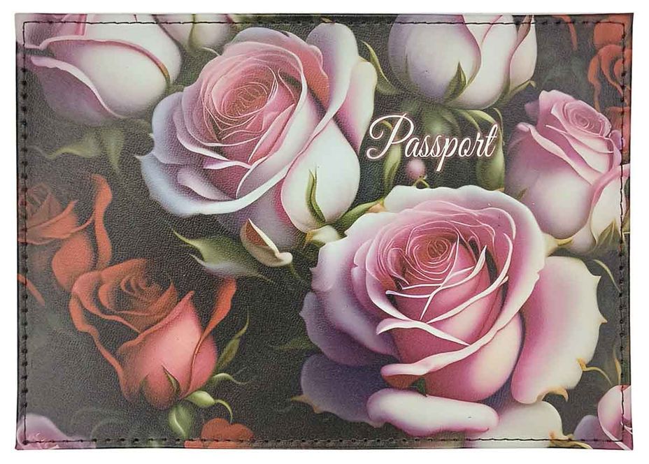 Цена: 312.20 руб. Обложка для паспорта из натуральной кожи, цветной рисунок по коже "Пленительные розы" (PASSPORT)
