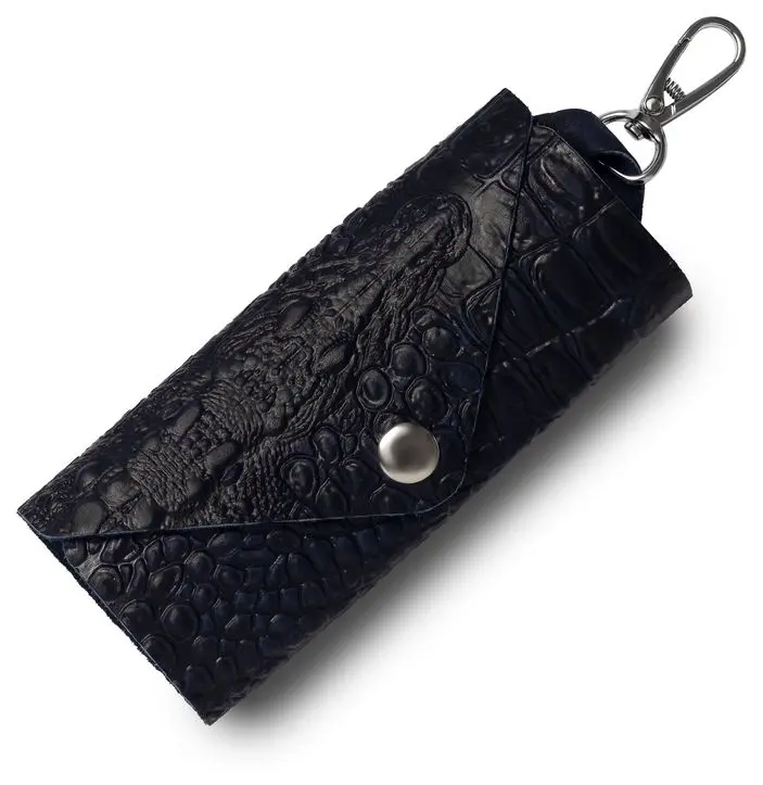 Ключница из натуральной кожи на кнопке, синяя, тиснение "Данди"