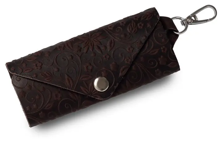 Ключница из натуральной кожи на кнопке, коричневая, тиснение "Флаверс"