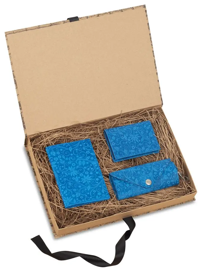 Подарочный набор "Классик" из натуральной кожи, голубой, тиснение "Флаверс"