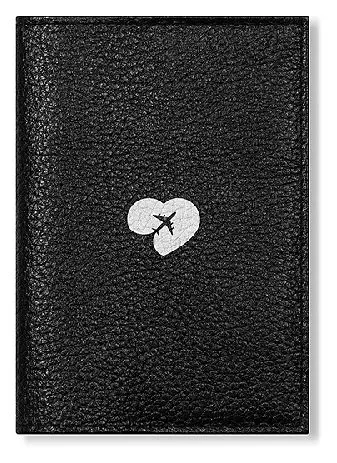 Обложка для паспорта из натуральной кожи, цветной рисунок по коже "Самолет в сердце на черном"