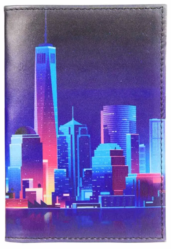 Обложка для паспорта из натуральной кожи, цветной рисунок по коже "Сити"