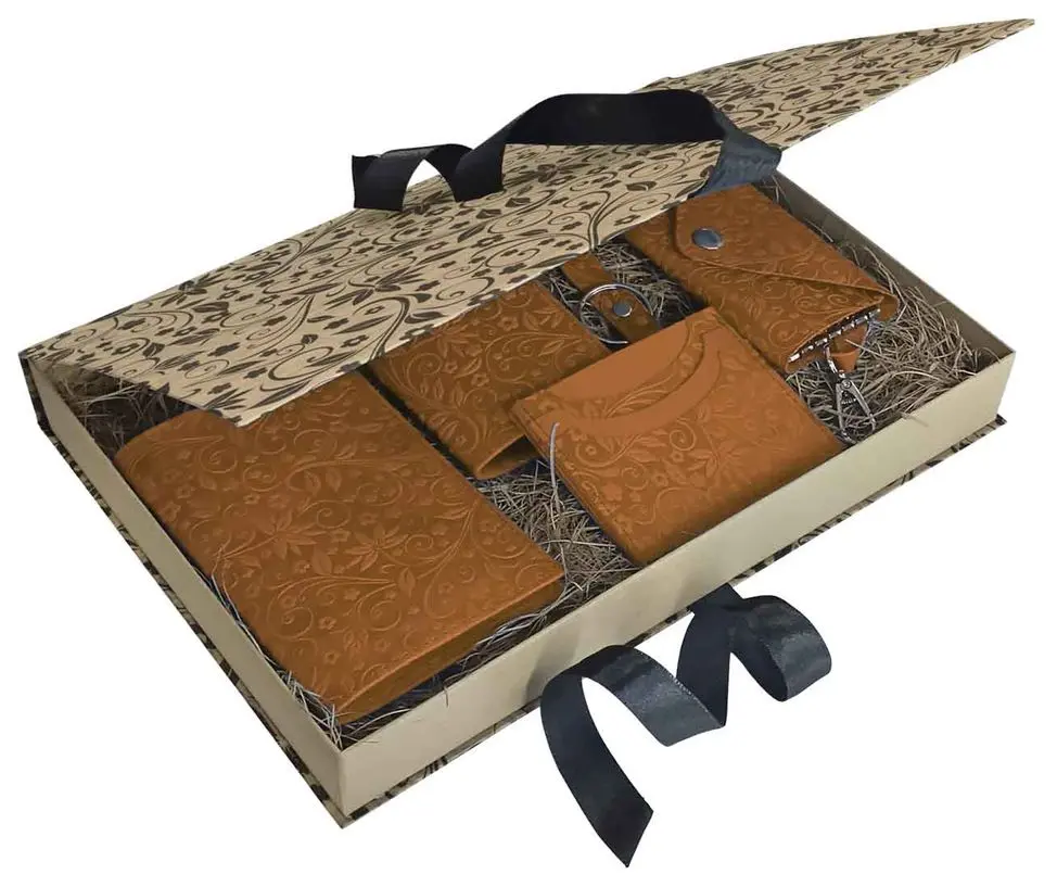 Подарочный набор "Бомонд" из натуральной кожи, рыжий, тиснение "Флаверс"