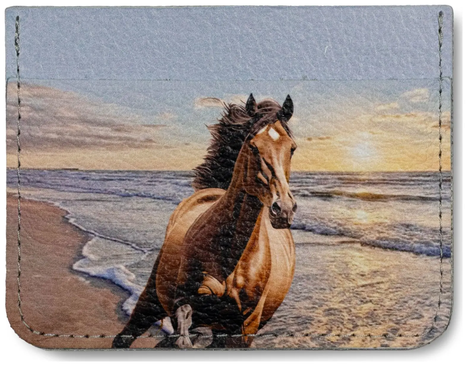 Картхолдер из натуральной кожи, с цветным рисунком по коже "Лошадь и море"