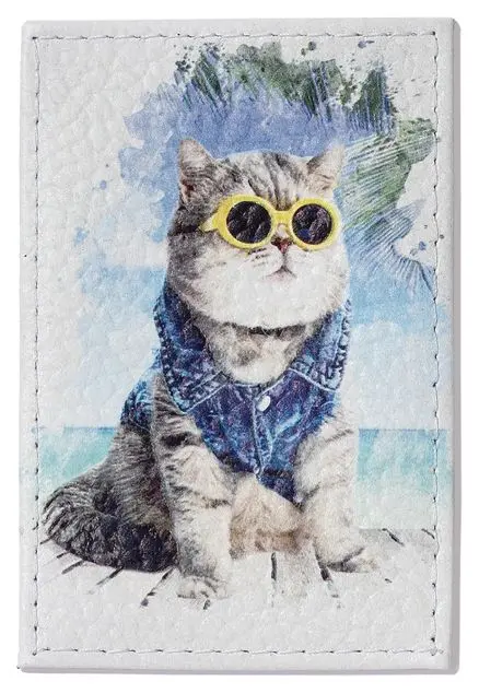 Обложка для проездного билета из натуральной кожи, цветной рисунок по коже "Кот акварель"