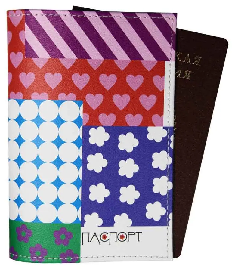 Обложка для паспорта из натуральной кожи, цветной рисунок по коже "Лоскутное одеяло"