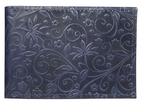 Визитница горизонтальная 1 секц. (18 карманов) из натуральной кожи, синяя, тиснение "Флаверс"