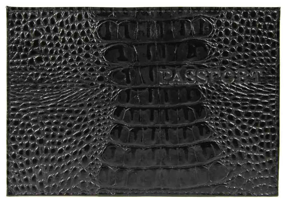 Обложка для паспорта из натуральной кожи Кроко, черный, тисн.конгрев "PASSPORT"