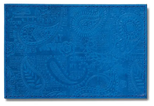 Визитница вертикальная 1 секц. (18 карманов) из натуральной кожи, голубая, тиснение "Индийский орнамент"