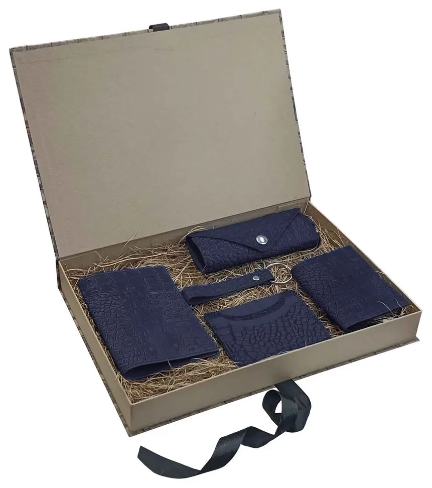 Подарочный набор "Бомонд" из натуральной кожи, синий, тиснение "Данди"