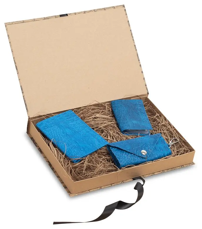 Подарочный набор "Классик" из натуральной кожи, голубой, тиснение "Данди"