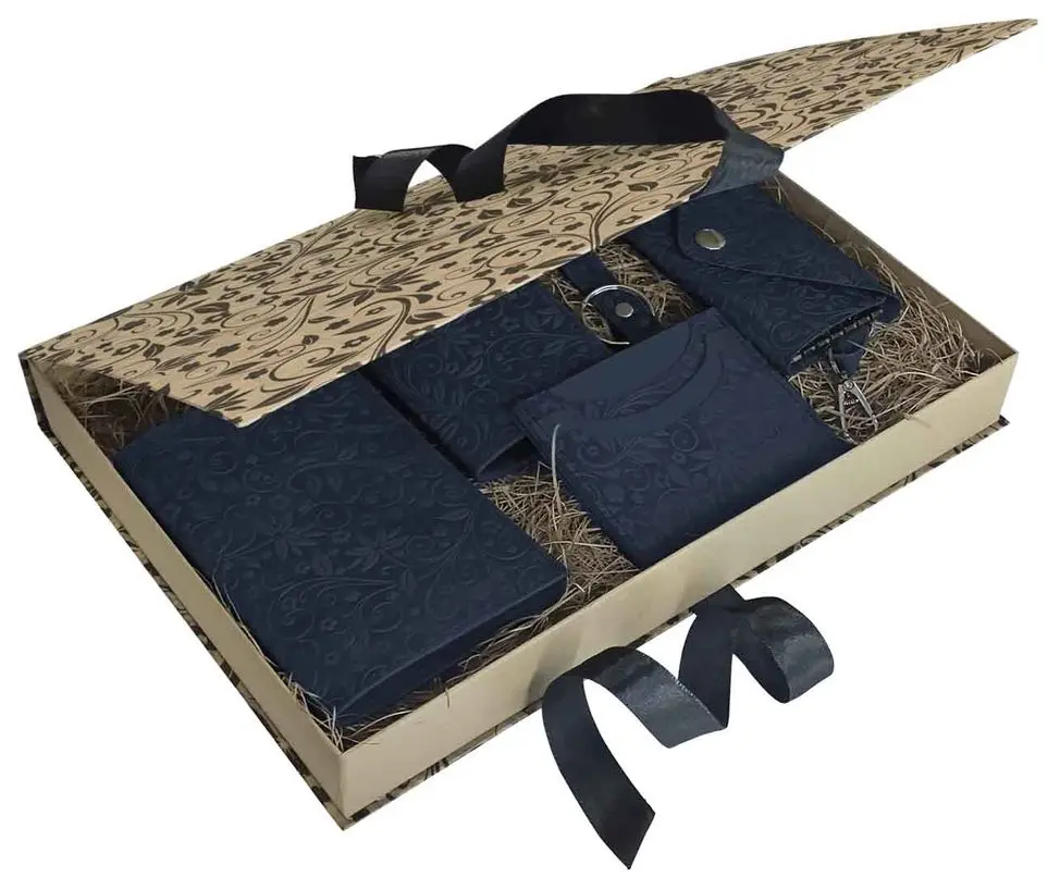 Подарочный набор "Бомонд" из натуральной кожи, синий, тиснение "Флаверс"